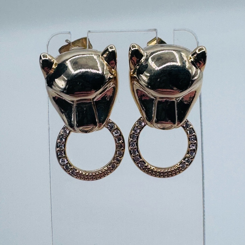 Gold & CZ Panther Jaguar Cat Ring Stud Earrings | New in Box